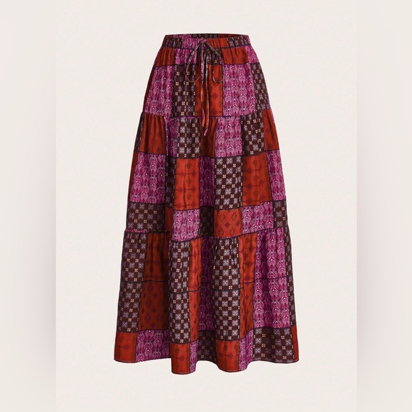 Boho Patchwork Print Maxi Skirt Red - Picture 5 of 11